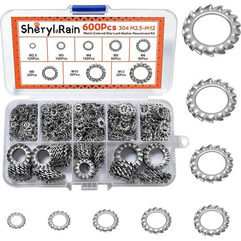 600 Pièces Rondelles de Serrage, Rondelles Metal,Rondelle de Blocage, Rondelle Dentées Externes en Acier Inox, M2,5/M3/M4/M5/M6/M8/M10/M12, Assortment Kit avec Boîte (1/5)