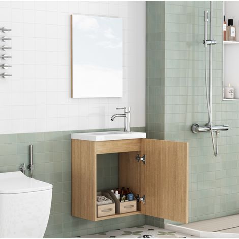 Mobile lavabo sospeso con lavabo in ceramica e specchio, 40 x 25 x 48 cm, rovere OKMYHOME (1/5)