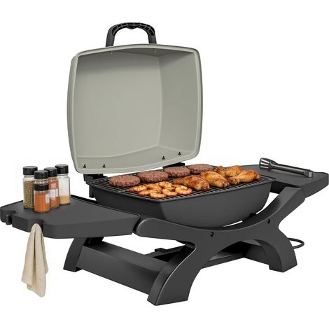 Barbecue électrique extérieur 2300W portable avec grilles émaillées, barbecue de table, étagères latérales amovibles, crochets, bac de récupération, pour terrasse, balcon, petit espace, noir (1/5)