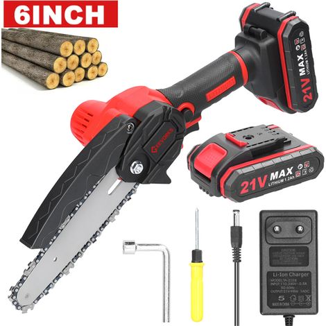 Mini Tronconneuse à Batterie, 6 Pouces Tronçonneuse Électrique Sans Fil 21V/1200mAh ,5m/s, Chaîne, Pour le Jardinage, Idéal Extérieur & Jardinage,rouge