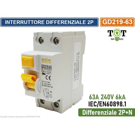 Interruttore Magnetotermico Differenziale 1P+N C63  0.03A 240V 6kA  Due Moduli (1/3)