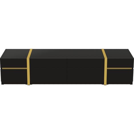 Meuble de salon luxueux pour la télévision : meuble de rangement pour la télévision, finition en matériau brillant, bords dorés. Il est équipé de tiroirs et de portes. (1/5)