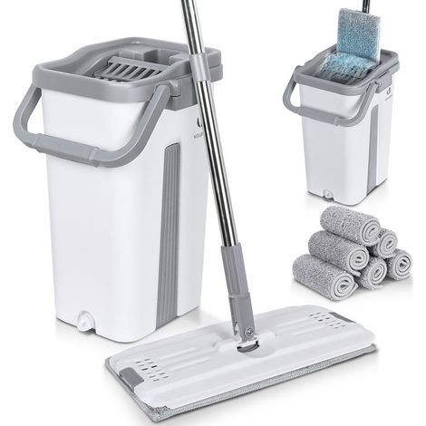 VOUNOT Flat Mop and Bucket set 2-in-1 Hands Free Squeeze with 6 Mop Pads, White