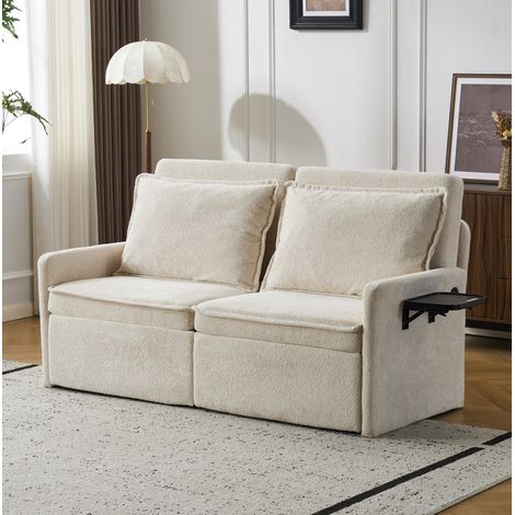 Sofá cama 3 en 1 beige en chenilla con respaldo ajustable, almacenaje lateral y puerto USB/Type-C (1/5)