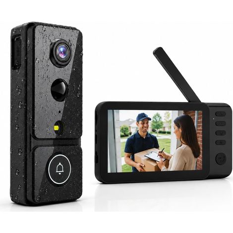 Sonnette sans Fil avec Camera avec Écran 4.3 Pouces PIR Détection 2,4 GHz Interphone Vidéo Sans Fil 170° Grand Angle Vision Nocturne Visiophone Durée Audio Bidirectionnel IP68 (1/5)