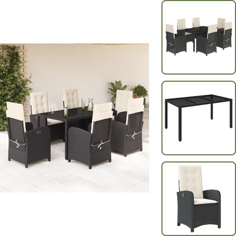 The Living Store Set da Pranzo da Giardino 7 pz Nero con Cuscini in Polyrattan - Sedie da giardino reclinabili