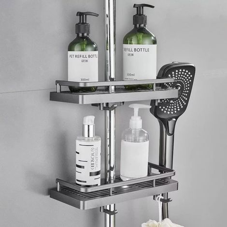 Mensola per doccia, vano portaoggetti per bagno, senza bisogno di forare, con portasapone, ganci e portasciugamani. Montaggio a parete con staffa autoadesiva antiruggine, colore grigio. Set da 2 pezzi