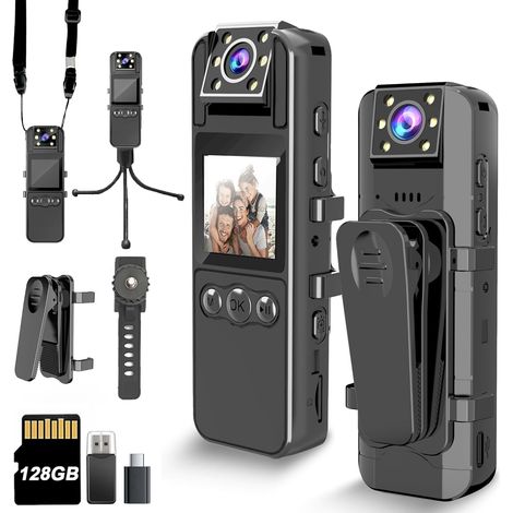 Telecamera HD 1080p con registratore audio e video, obiettivo ruotabile a 180°, batteria da 6 ore, visione notturna automatica con infrarossi, 128 GB Opslag, Voor Burger, Politie en Veiligheidskrachte