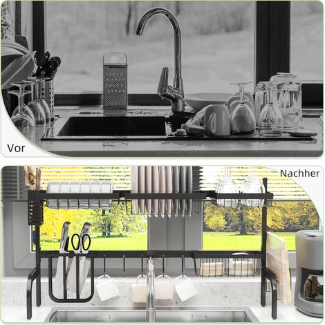 Égouttoir vaisselle extensible 51-93 cm, nombreux accessoires, rangement modulable, 93 x 30 x 52 cm, noir (1/4)