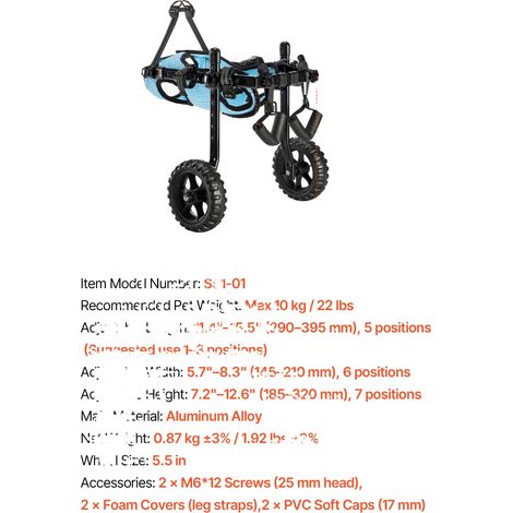 Sedia a rotelle per cani, design regolabile, telaio resistente, taglia XS (10 kg circa) (1/2)