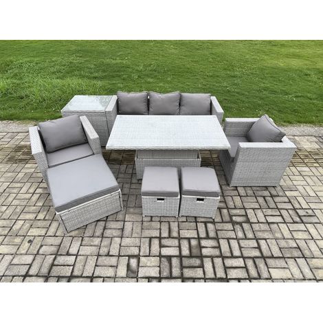 Fimous Polyrattan Gartenmöbel Set mit Sofa, Höhe verstellbar Esstisch und 3 Hocker,Beistelltisch,Outdoor Terrassen Essgruppe Helles Grau (1/5)