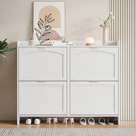 Meuble à chaussures - Moderne - 4 compartiments - Blanc - L110/H90/P24 cm (1/5)
