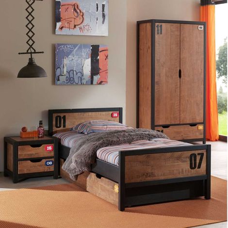 Pack - Lit Enfant, Chevet, Tiroir & Armoire "Alex" Marron & Noir (1/5)