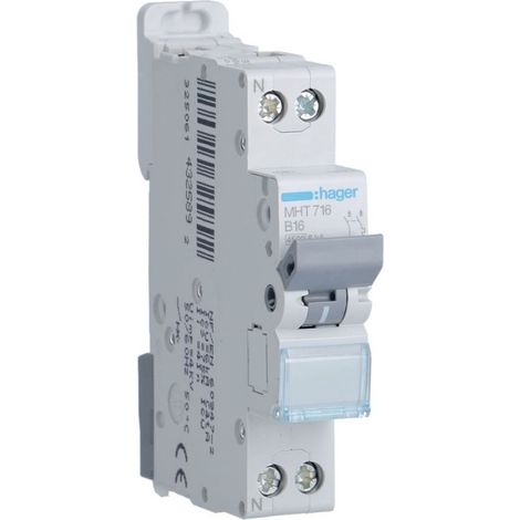 Disjoncteur 1P+N 4.5-6kA courbe B 16A 1 module HAGER MHT716 (1/3)