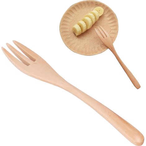 Fourchette à dessert en bois de style japonais, couleur bois naturel, fourchette à fruits pour enfants, sans fil qui s'emmêle. (1/5)