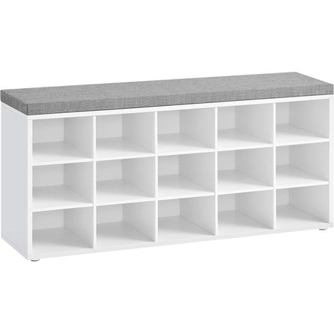 Banc chaussures meuble entrée banc rangement avec 15 compartiments siège rembourré capacité de charge 200 kg blanc et gris