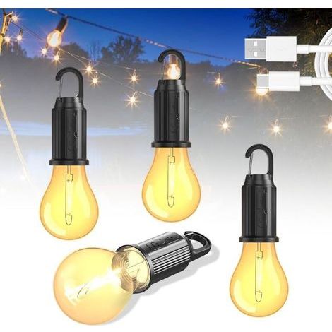 Lot de 4 lampes LED rechargeables - Portable, étanche, lanterne avec mousqueton - Luminosité réglable, 3 modes d'éclairage - Ampoule pour aventure, pêche, garage