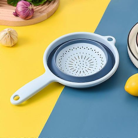 Lot de 2 passoires pliables bleues passoire pliable en silicone avec poignée pour fruits et légumes égouttoir. (1/5)