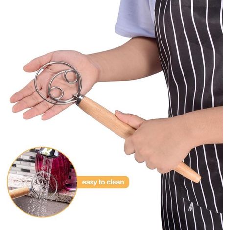 Impastatrice, frusta ovale con manico in legno, impastatrice con frusta in acciaio inox per la preparazione di pane e pasticceria, versione corta (1/5)
