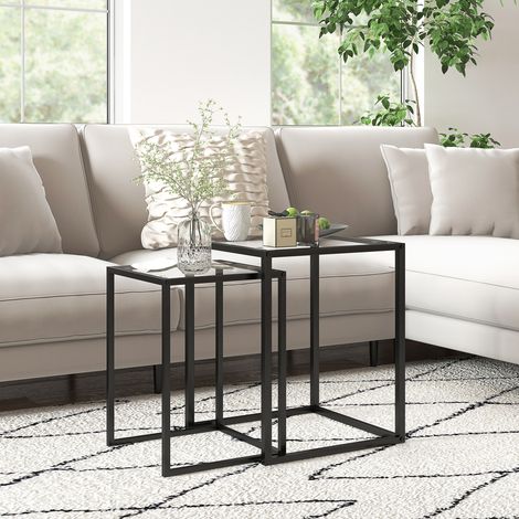 Lot de 2 tables basses modulables en verre trempé et métal noir, design empilable moderne pour petit espace (1/5)