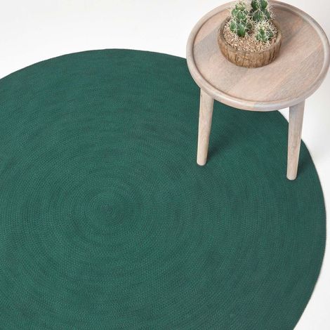 HOMESCAPES Forest Green Handmade Woven Braided Round Rug, 120 cm