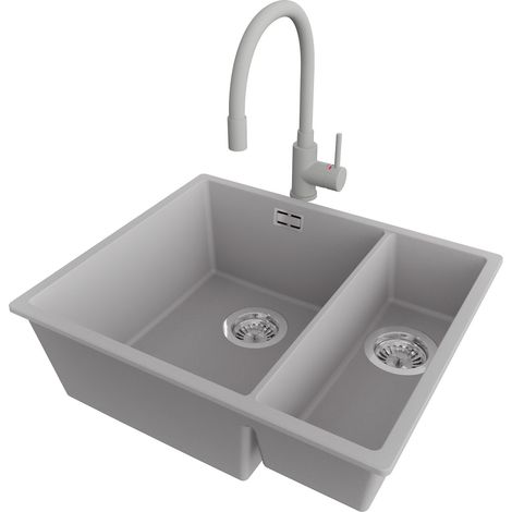 PRIMAGRAN Evier Cuisine en Granit 56x47cm,Lavabo 1,5 bacs + Robinet 38x14cm + Kit de Vidage, Évier à Encastrer au meuble 60cm - London Slim Duo, Gris (1/5)