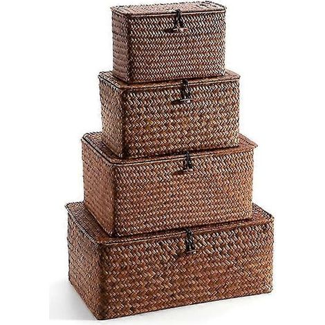 Ecleanfy - Paniers de rangement en paille tressée avec couvercles - Lot de 4 - Panier rectangulaire en jonc de mer pour étagère (1/5)