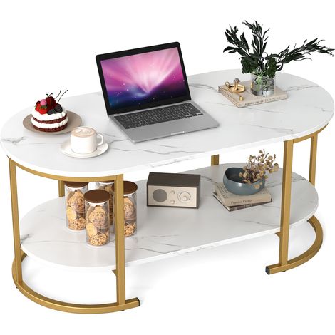 COSTWAY Oval Coffee Table 2-Tier Living Room Center Table with Storage-White (1/5)