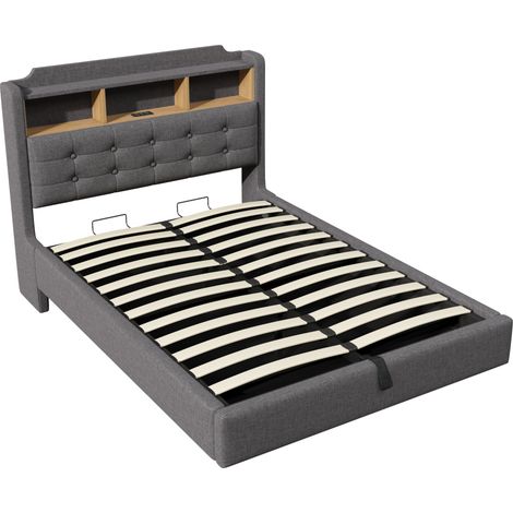 Letto imbottito 140 x 200 cm grigio con LED, contenitore idraulico, porte USB e Type-C (1/5)