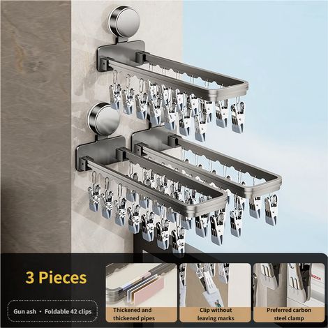 Porte-serviettes à ventouses, étendoir mural pour balcon/salle de bain, pinces à linge, étendoir à vêtements pliable à pinces multiples (1/5)