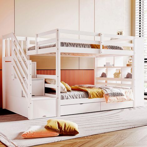 Lit superposé 90 x 200 cm, escalier de sécurité avec compartiments de rangement, tiroirs et grands placards, structure avec barrière de sécurité haute, sommier à lattes, lit en pin, lit enfant