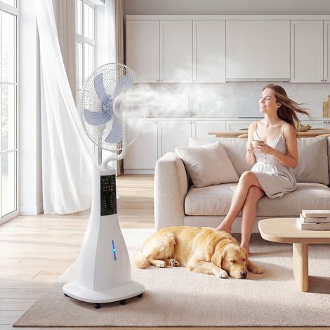 Ventilatore nebulizzatore da 90 W, oscillazione a 75°, 3 velocità, 5 pale, serbatoio dell'acqua da 3 litri, 5 ruote, telecomando.