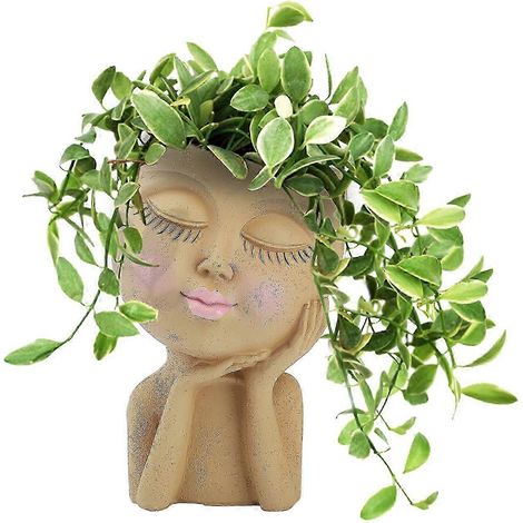 Pot de fleurs en résine multicolore (25-26 cm) - Sculpture de personnage de dessin animé aux yeux fermés (1/4)
