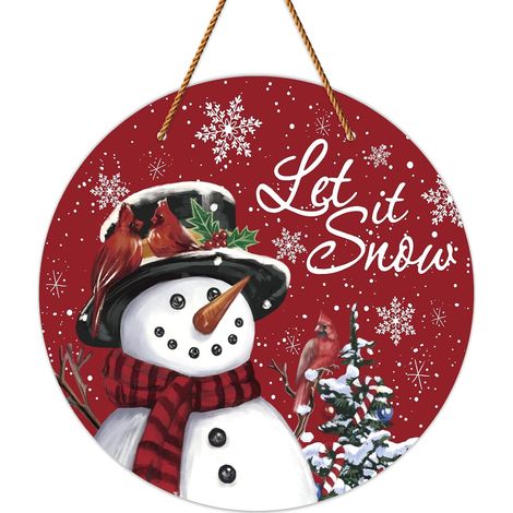 Décoration de porte circulaire rouge de 30 cm en bois avec cordelette de suspension - Thème hivernal : bonhomme de neige, flocons de neige et cardinal. Convient pour une utilisation intérieure et exté (1/5)