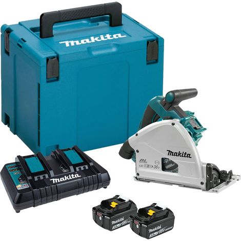 Makita DSP600PFJ Twin 18V LXT Brushless Plunge Saw - 2x 3Ah Batteries, DC18RD Charger & Makpac 4 Case (1/5)
