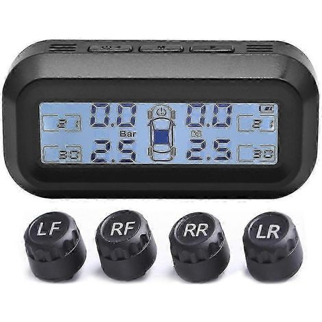 Sistema de monitoreo de presión de neumáticos (TPMS) con pantalla LCD digital y sistema de seguridad para automóviles con alarma de temperatura y 4 sensores externos e internos.
