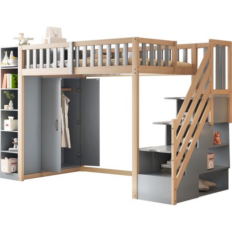 Letto a soppalco 90x200 cm in legno grigio/naturale con contenitore, senza materasso - CHICFURN (1/5)