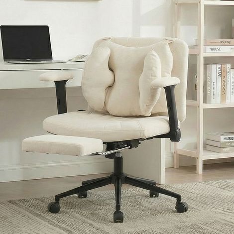 Chaise de bureau en tissu beige pivotante 360°, soutien lombaire a air reglable, base en acier, charge max. 150 kg, 80×55×86 cm (1/5)