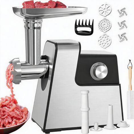 &Hachoir à viande électrique, hachoir à viande en acier inoxydable 4 en 1, poussoir à saucisses électrique avec 3 plaques en acier (4 mm, 8 mm, ventilateur) et 3 lames, moteur en cuivre 3500 W& (1/5)