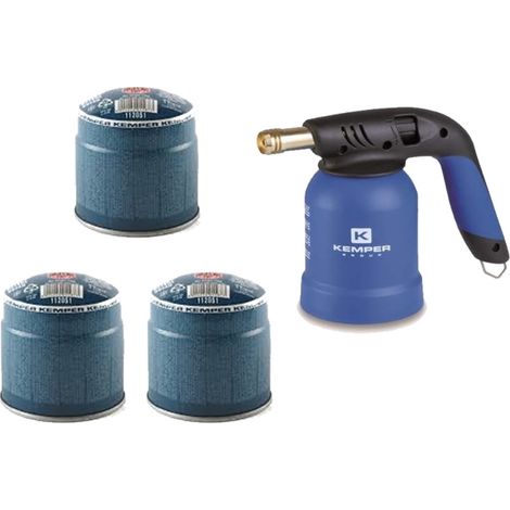 LAMPE A' SOUDER TORNADO A' ALLUMAGE PIE'ZO KE2019 + 3 CARTOUCHES DE GAZ DE PERCAGE KEMPER + GANTS (1/2)