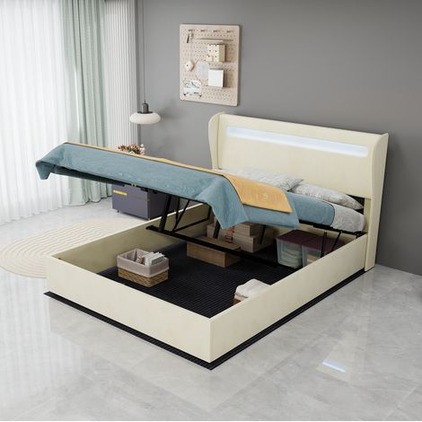 Letto matrimoniale 200x140x133 cm in tessuto e metallo beige con LED, senza materasso – MEUBLIV (1/5)