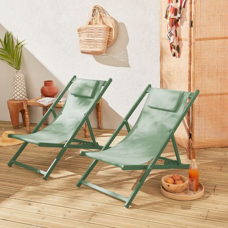 Lot de 2 bains de soleil - Gaia vert - Transat en aluminium gris anthracite et textilene vert avec coussin repose tête. chilienne