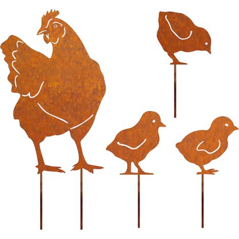 Ensemble de 4 piquets de jardin en forme de poule, décoration rustique de Pâques pour l'extérieur, élégante décoration de poule en métal rouillé pour le jardin, la ferme et la décoration printanière (1/5)