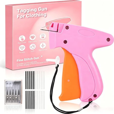 Pistolet à Étiquettes pour Vêtements – Mini Machine à Coudre à Main avec 5 Aiguilles & 1000 Agrafes (500 noir + 500 blanc), Outil de Réparation Rapide Textile, Rose-Orange (1/5)