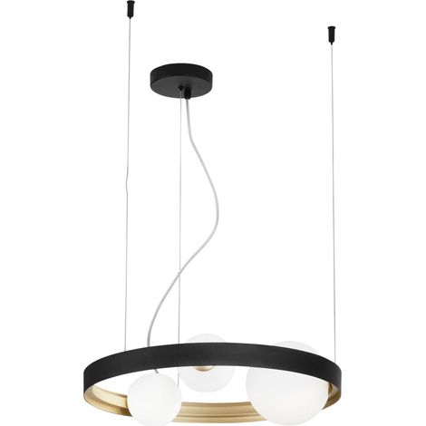 "Sospensione SONETTO con struttura in alluminio nero e oro con tre diffusori in vetro" (1/2)