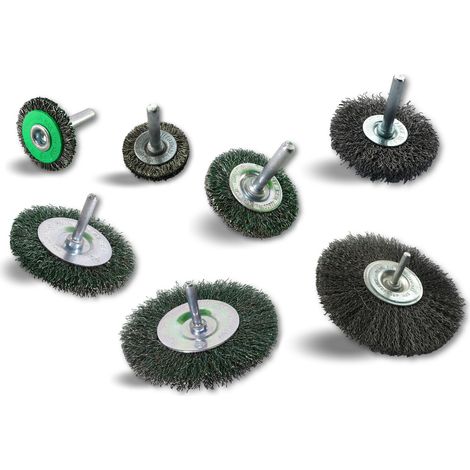 Assortiment de 7 brosses rotatives circulaires sur tige Brins inox - A l'unité - Pack 7 Ø - Fil dur