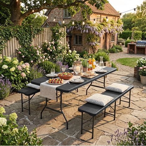 Mesa picnic plegable con dos bancos negra exterior HAVRYA (1/5)