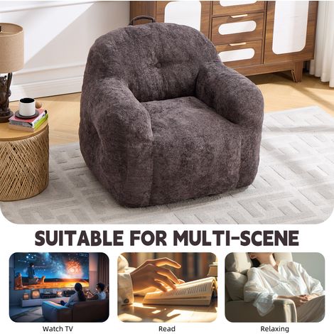 Fauteuil poire en fausse fourrure gris foncé, garni de mousse déchiquetée, avec accoudoirs, pour salon, chambre et coin lecture, sans montage requis. (1/5)