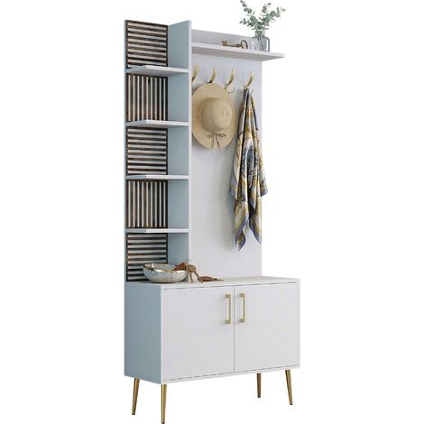 Mueble de Entrada Loceri, Perchero, 13 Estantes, Puerta Abatible, 90x35x200h cm Blanco