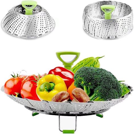 Panier vapeur en acier inoxydable, pour casseroles de 18 à 28 cm, cuisson vapeur réglable en continu, sans BPA, antirouille, idéal pour les aliments pour bébés, couleur argent. (1/4)